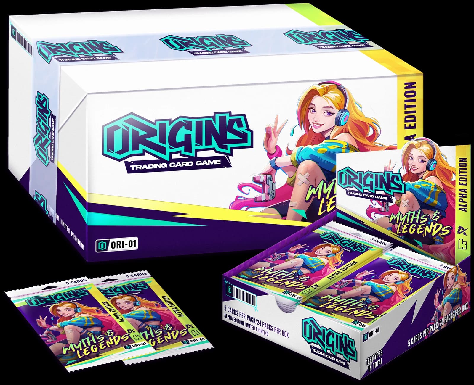 Origins Myths & Legends Alpha Edition — a booster case holding 6 booster boxes, a booster box holding 24 collector packs, and packs of 5 exclusive Alpha Edition collector cards (unique pack tab, 1 guaranteed rare)