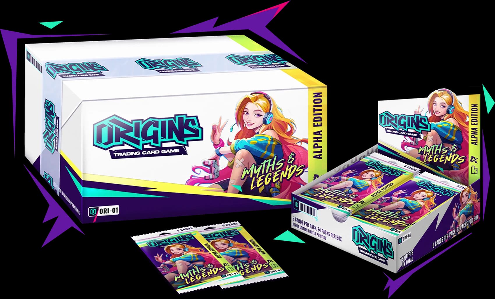 Origins Myths & Legends Alpha Edition booster case, booster box, and collector packs