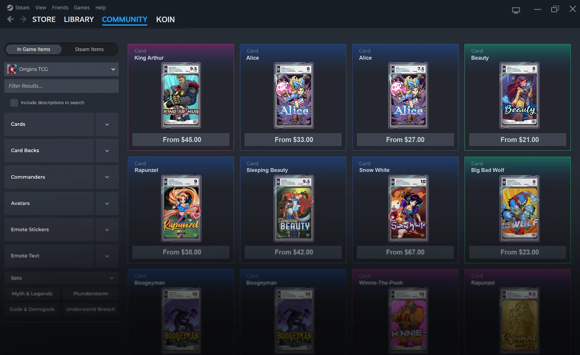 Origins TCG cards listed on the Steam Community Market, priced from $21 to $67