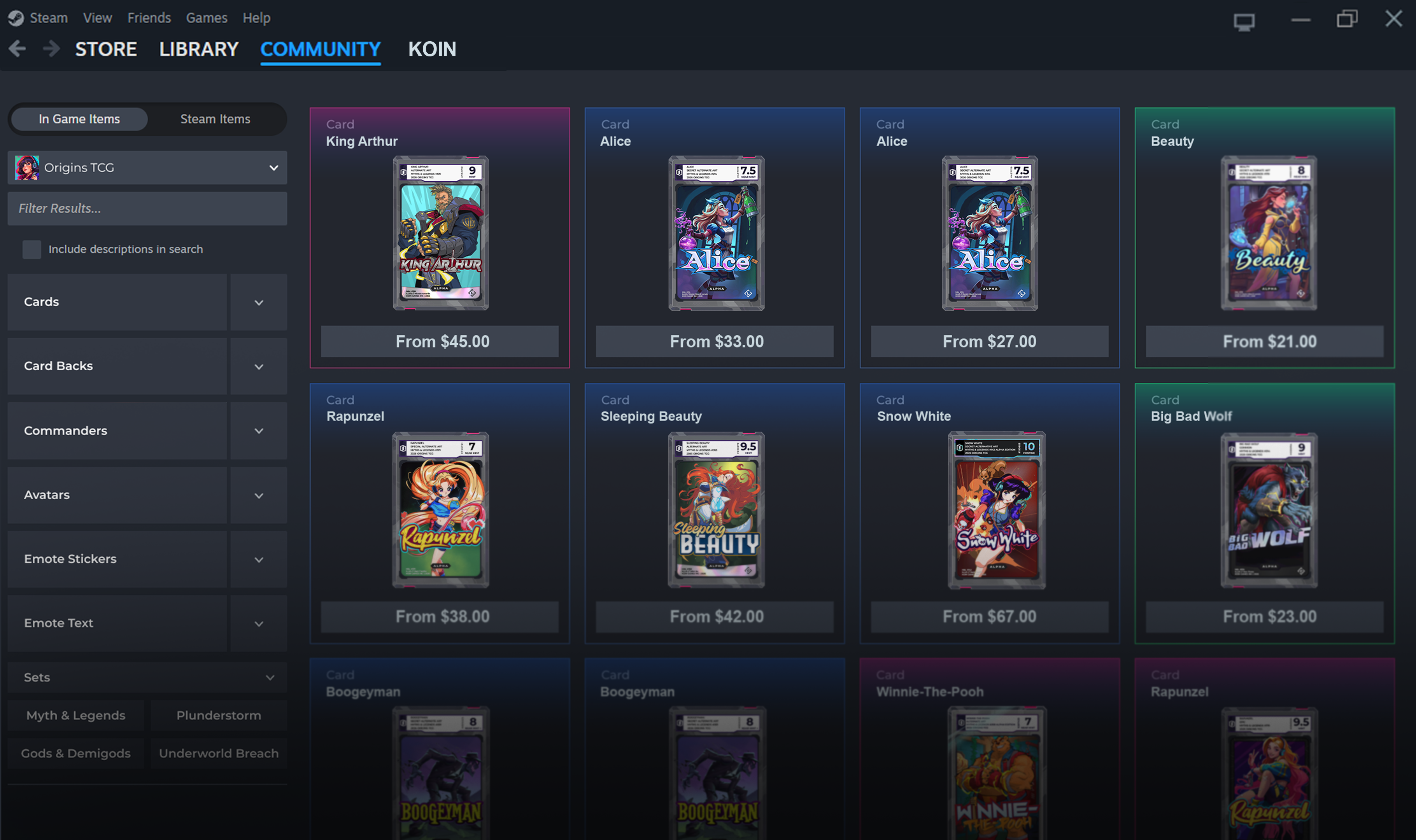 Origins TCG cards listed on the Steam Community Market, priced from $21 to $67